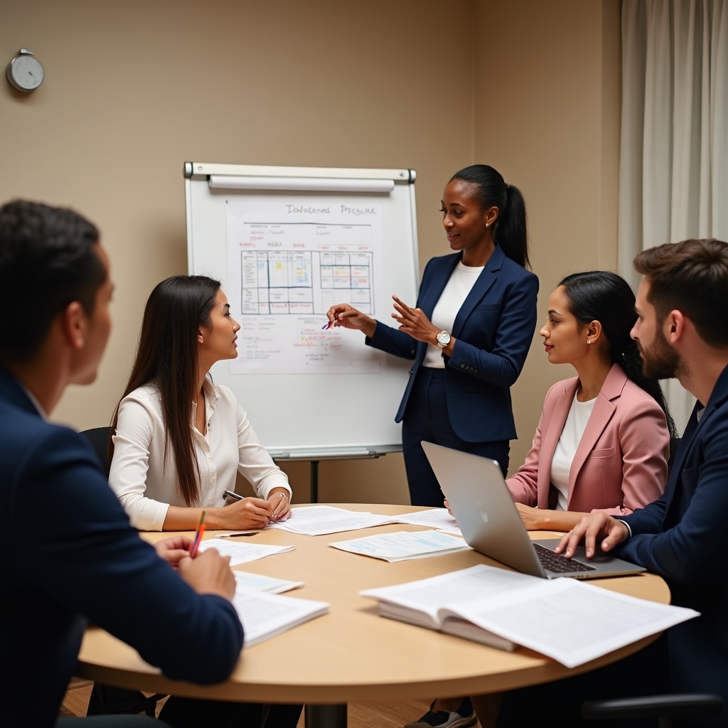 Echipă participând la workshop de productivitate și management al timpului